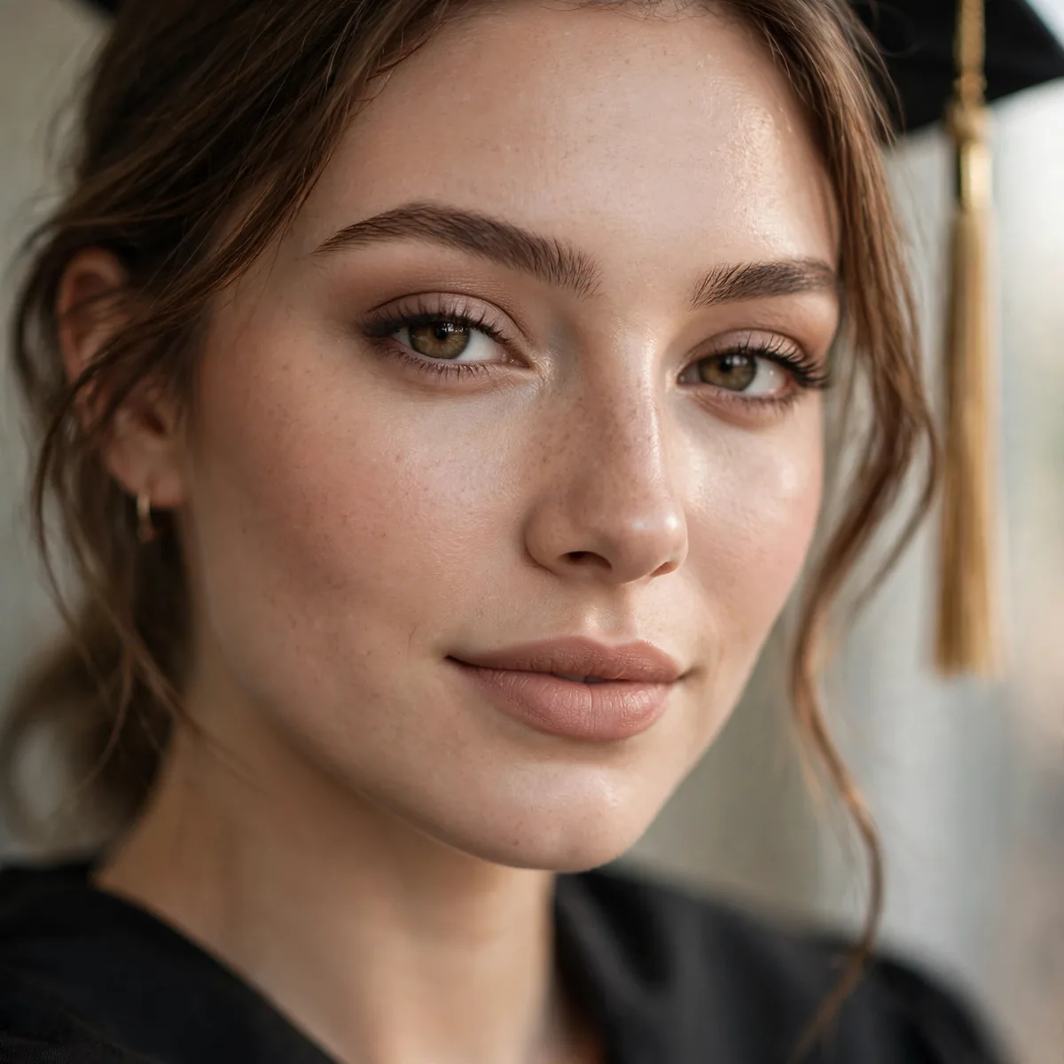 Graduate with timeless elegant makeup in neutral tones