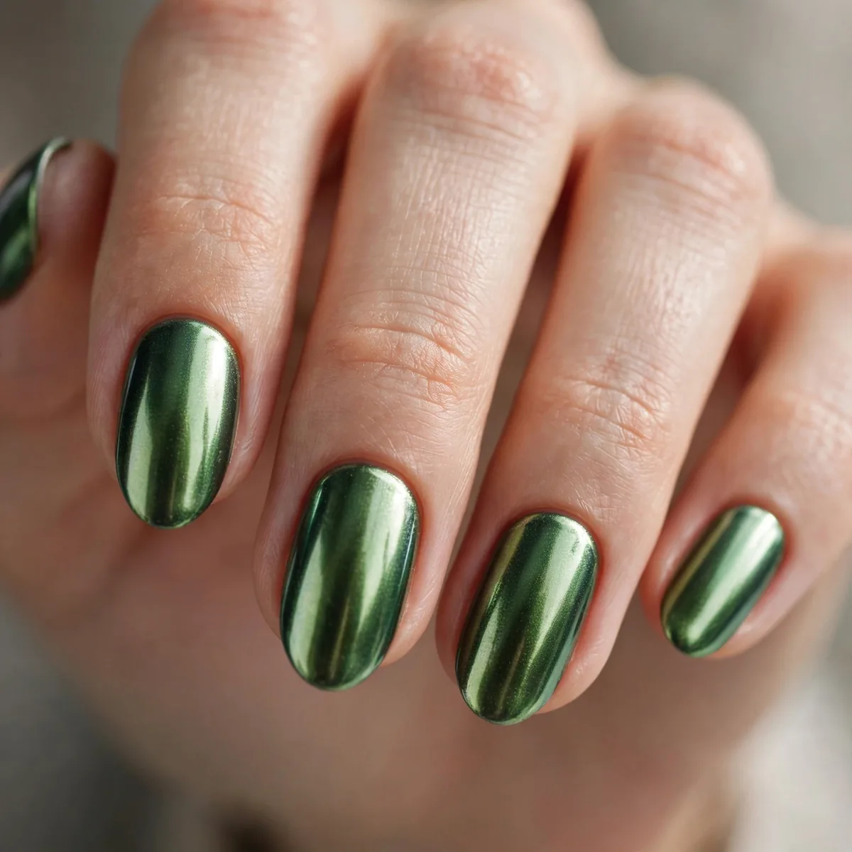 Metallic green chrome nails