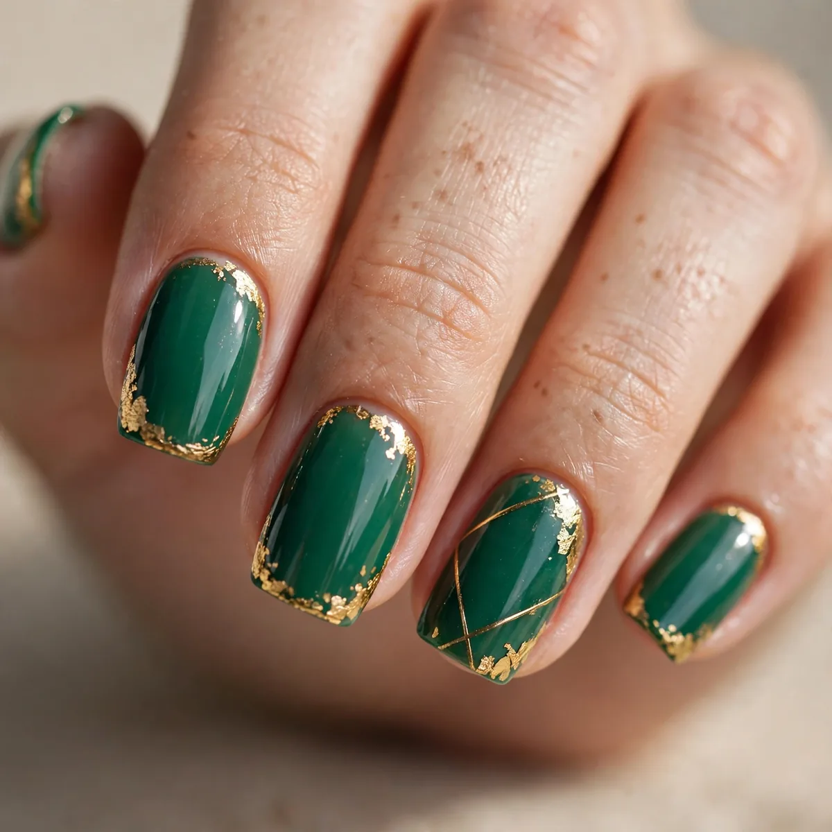 Green nails with gold accents