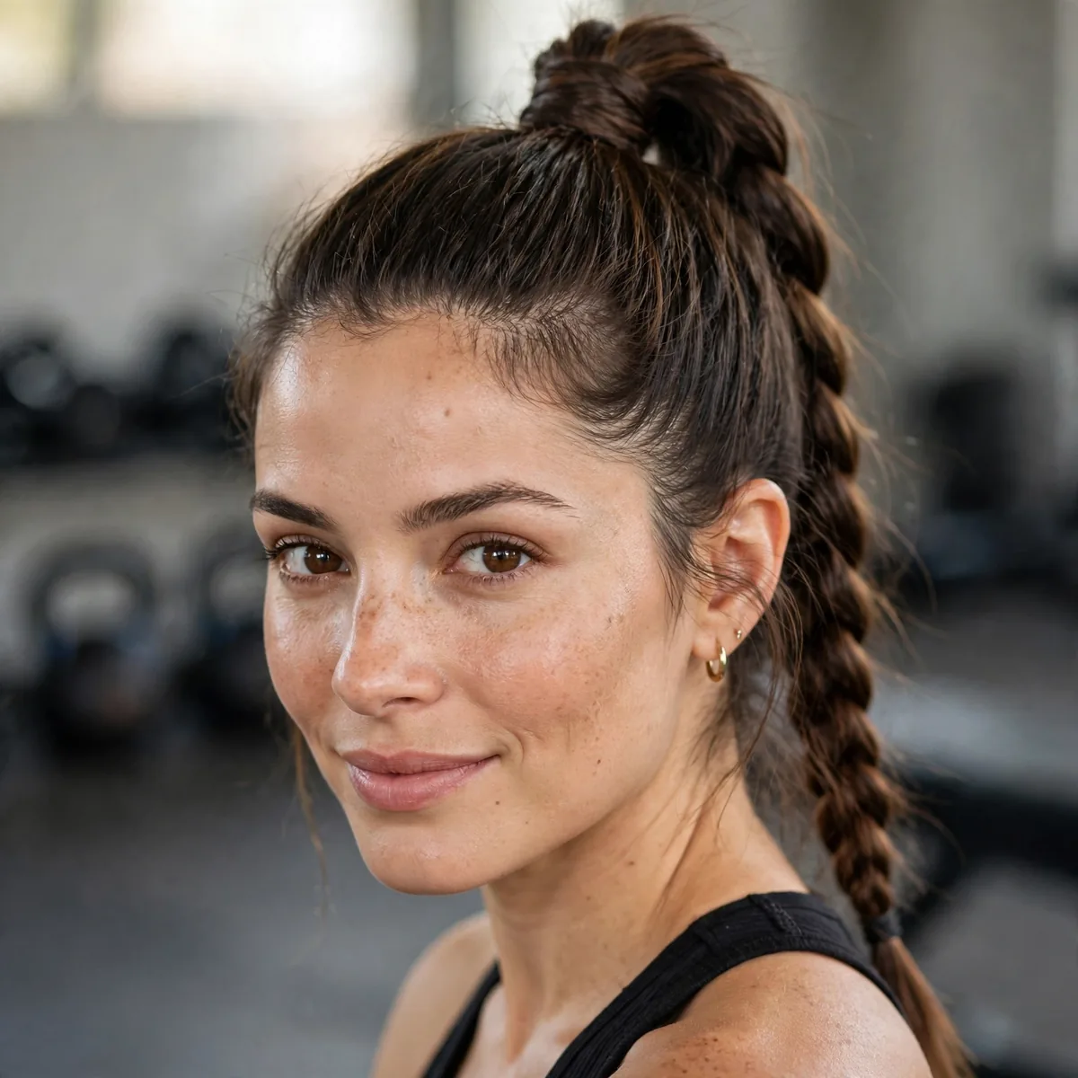 High ponytail with braid at the gym