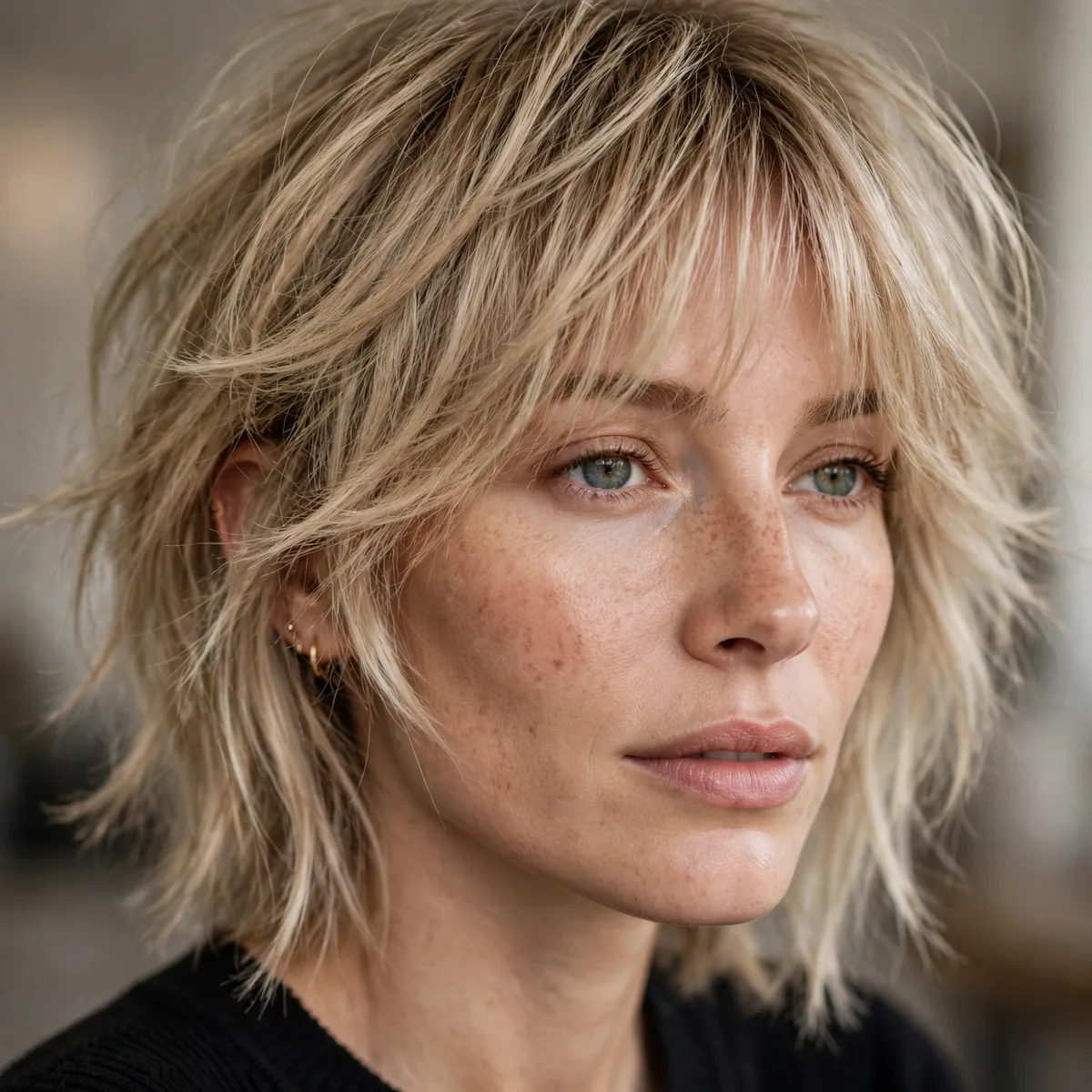Feathered shag haircut adding movement to thin hair
