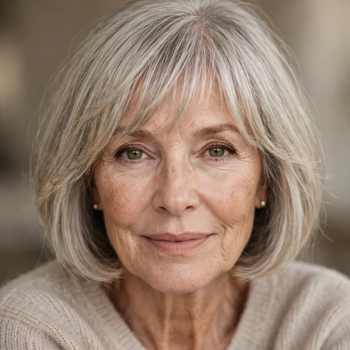 Bob haircut with wispy bangs for older women with thin hair