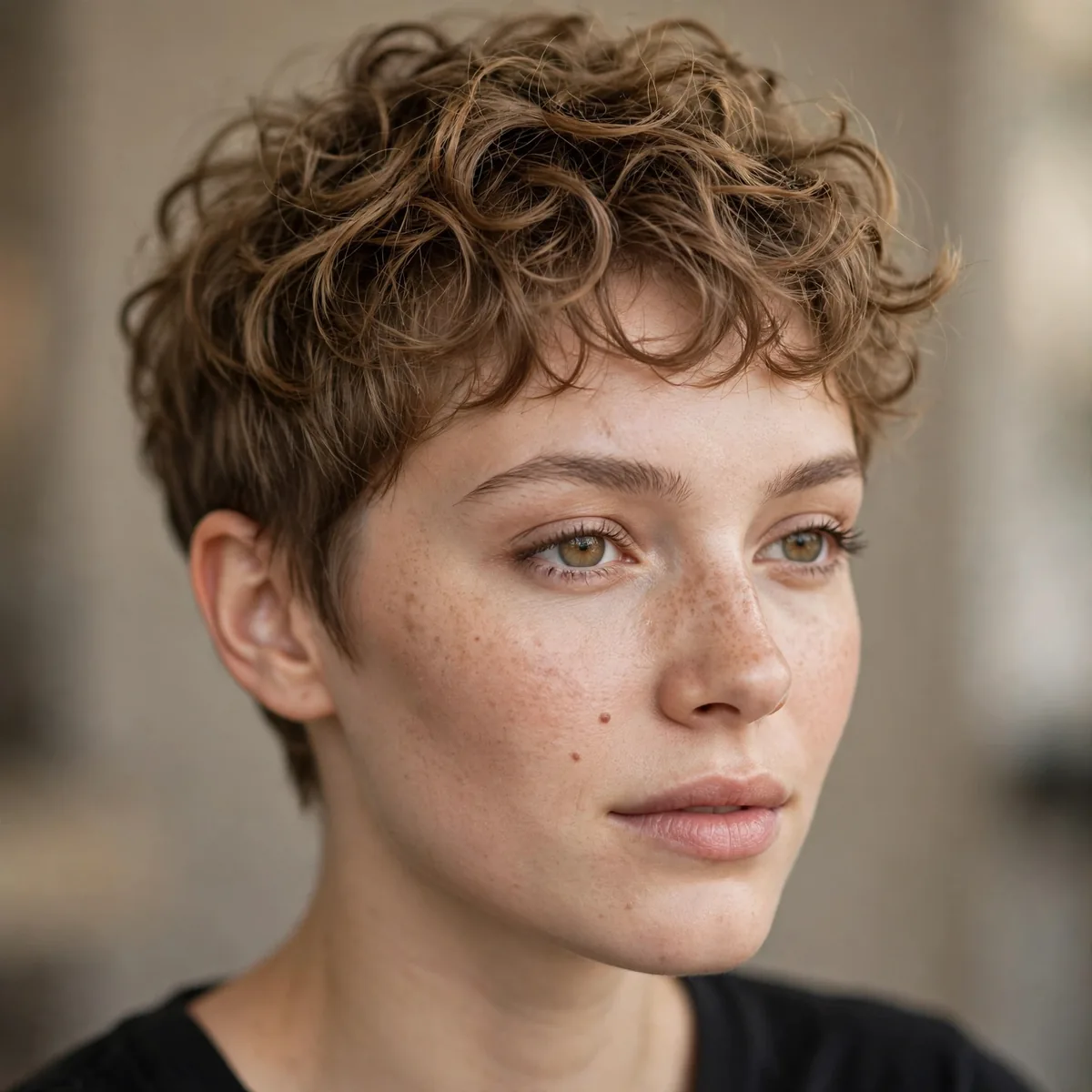 Pixie haircut with curly textured top for thin hair