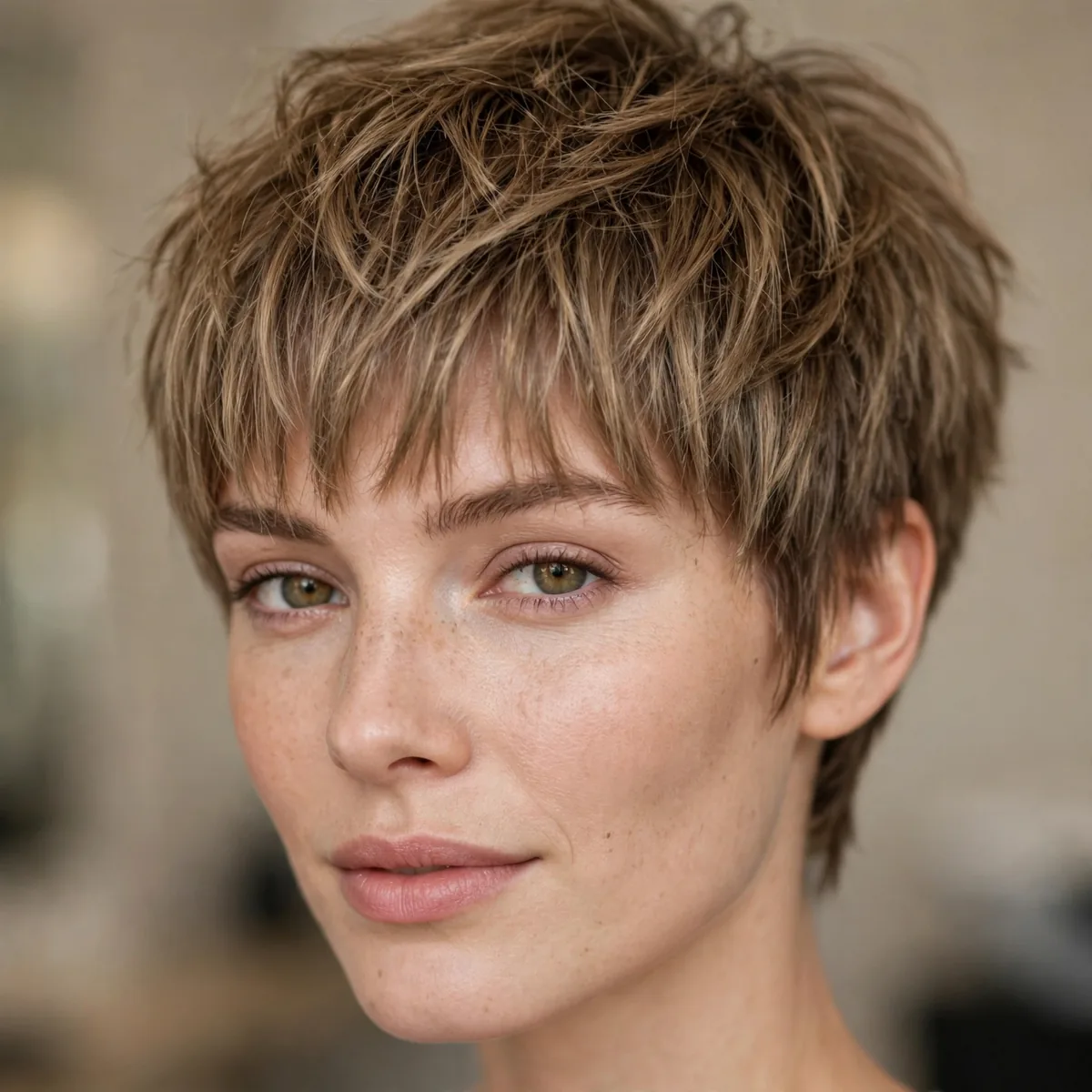 Textured pixie with fringe for big forehead