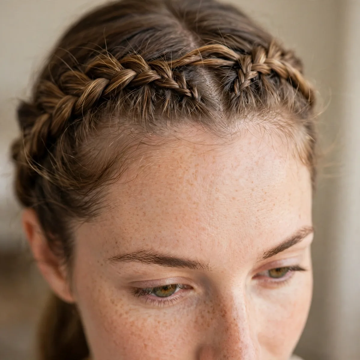 Braided crown hairstyle detail for big forehead