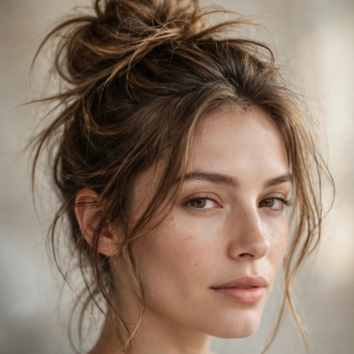 Messy high bun hairstyle on medium hair