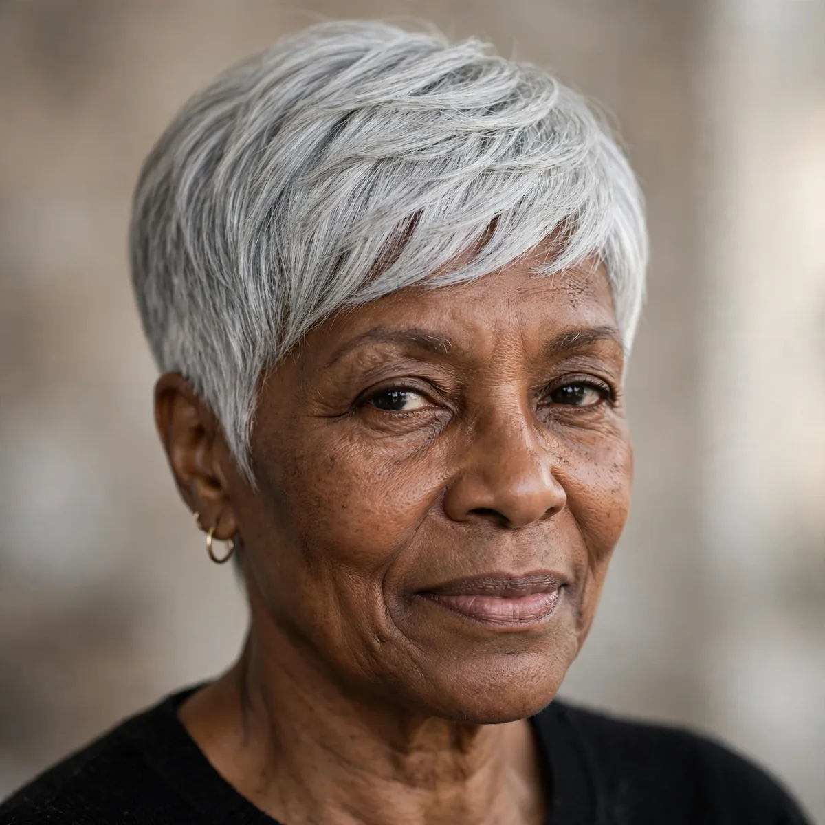 Silver gray tapered pixie haircut on older Black woman