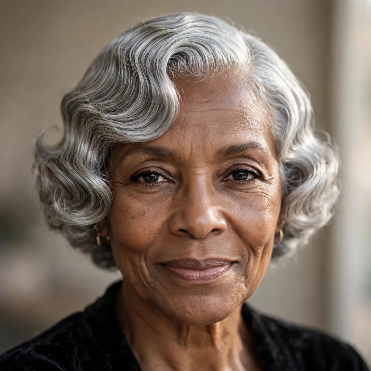 Silver finger waves hairstyle on older Black woman