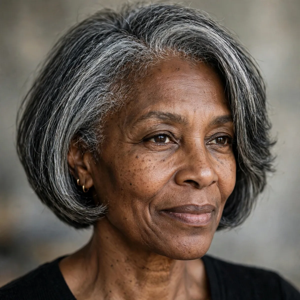 Salt and pepper bob haircut on older Black woman