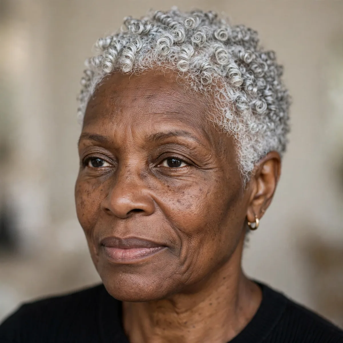 Short silver coily haircut on older Black woman