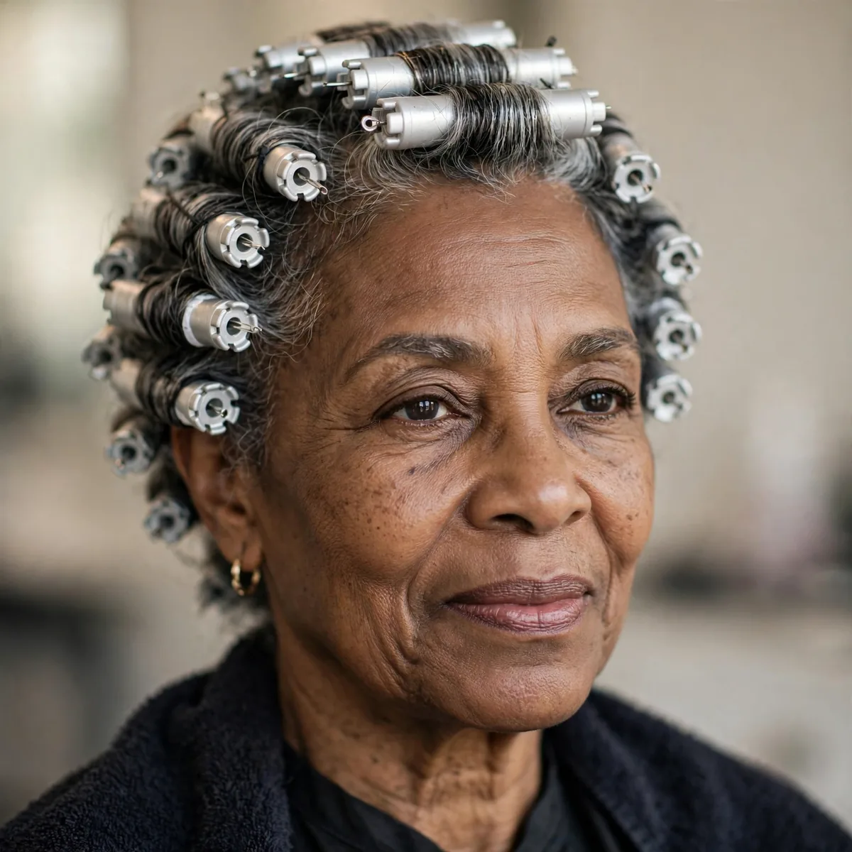 Classic silver roller set hairstyle on older Black woman