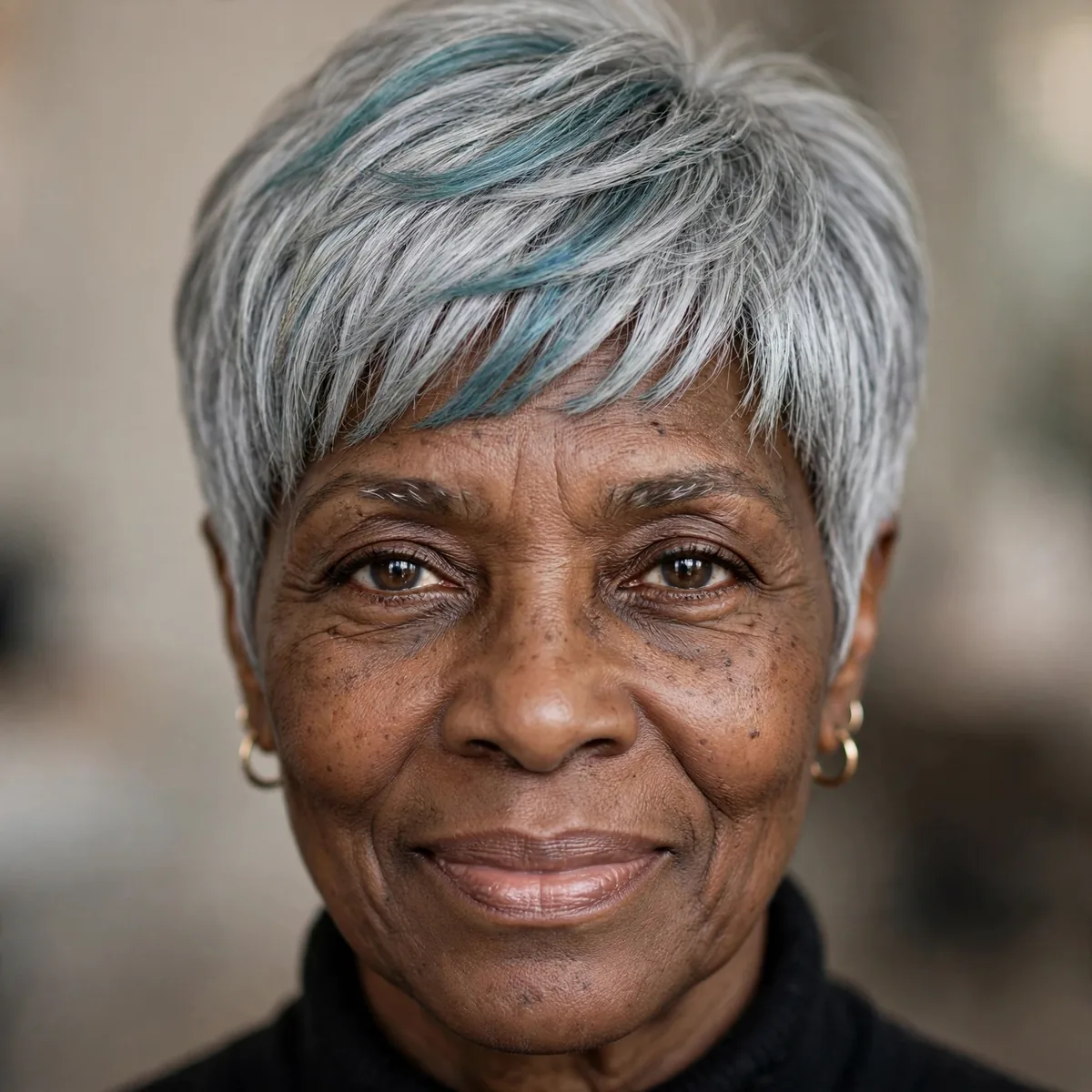 Silver gray pixie with subtle color accent on older Black woman