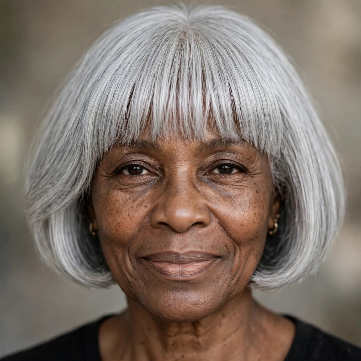 Silver bob haircut with bangs on older Black woman