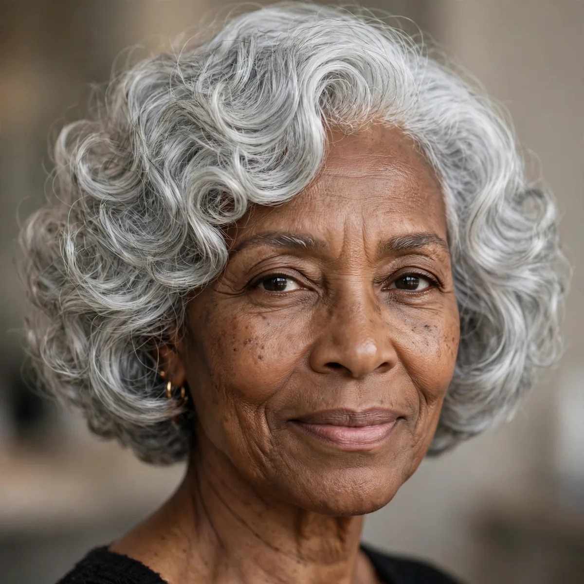 Curly silver bob hairstyle on older Black woman