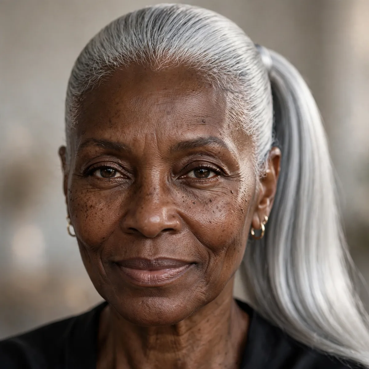Sleek silver ponytail hairstyle on older Black woman