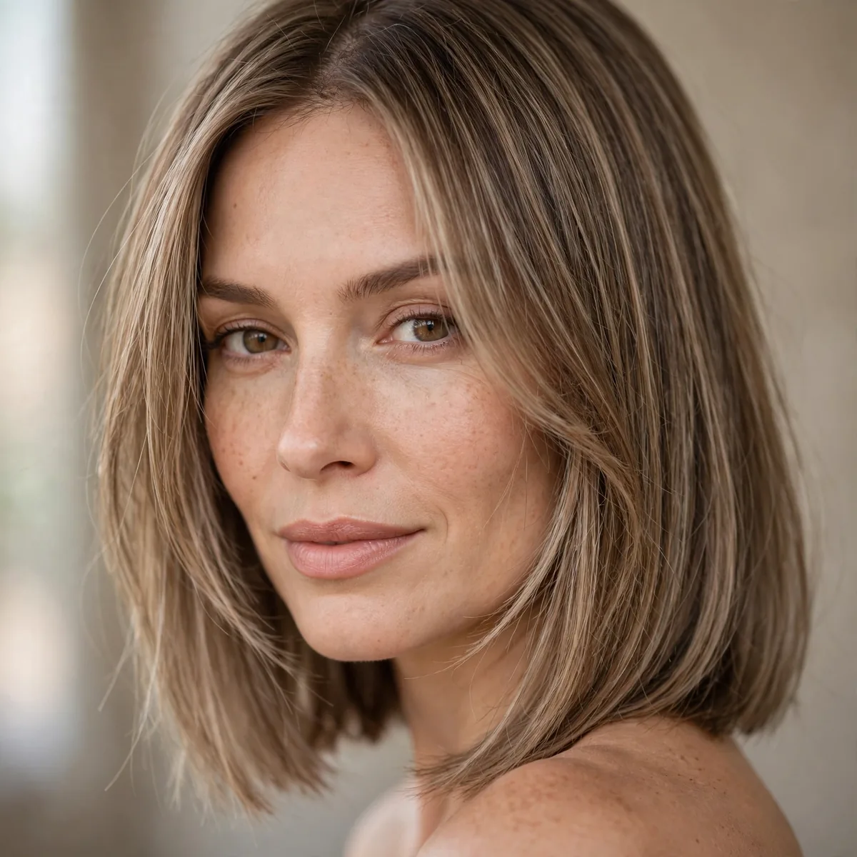 Shoulder length blunt haircut with face framing pieces on fine hair
