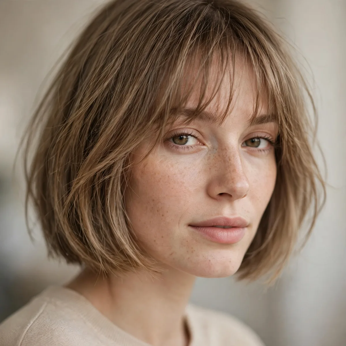 Chin length French bob with wispy bangs for thin fine hair