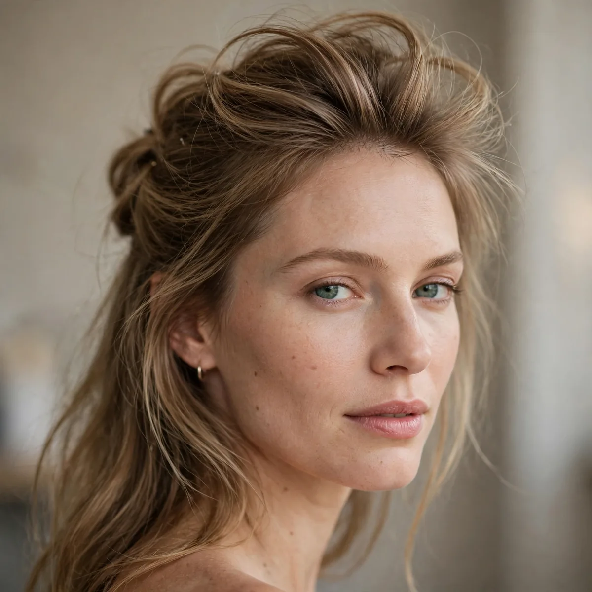 Half up hairstyle with teased crown volume for thin fine hair