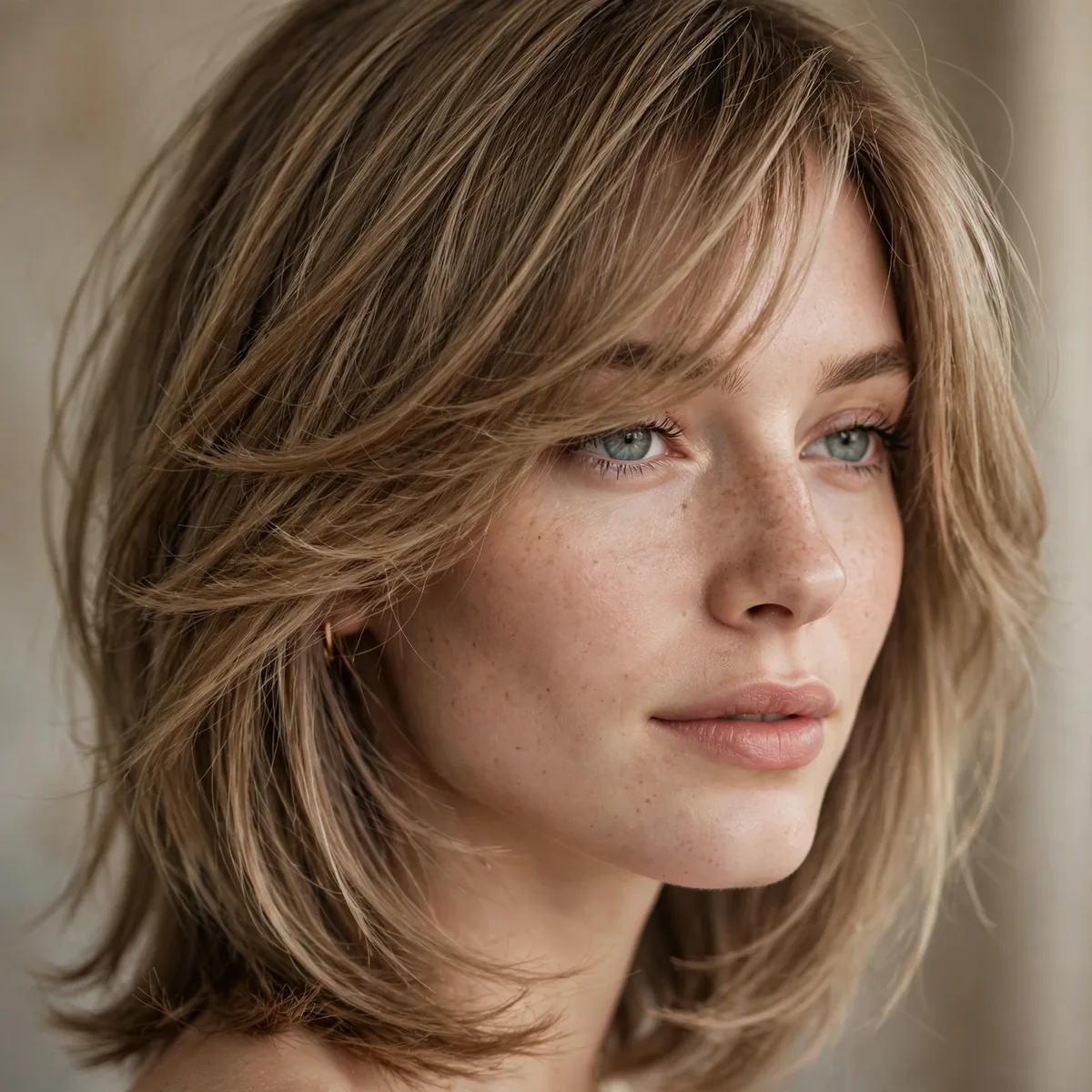Side swept bangs with medium layered haircut for fine hair
