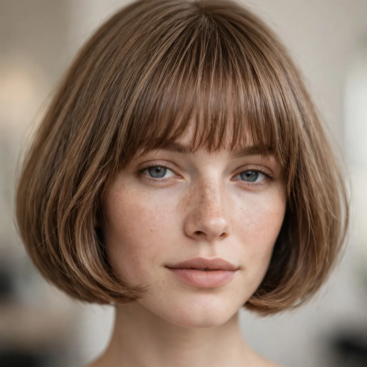 Rounded bob haircut with full bangs for fine thin hair