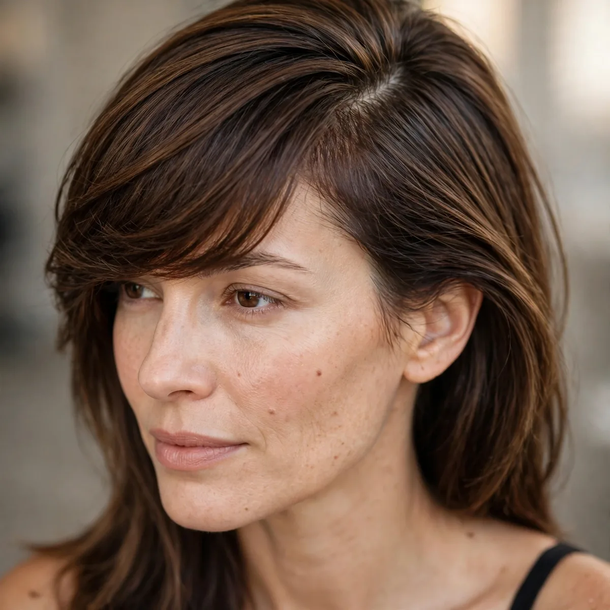 Deep side part hairstyle with swept fringe covering thinning temples