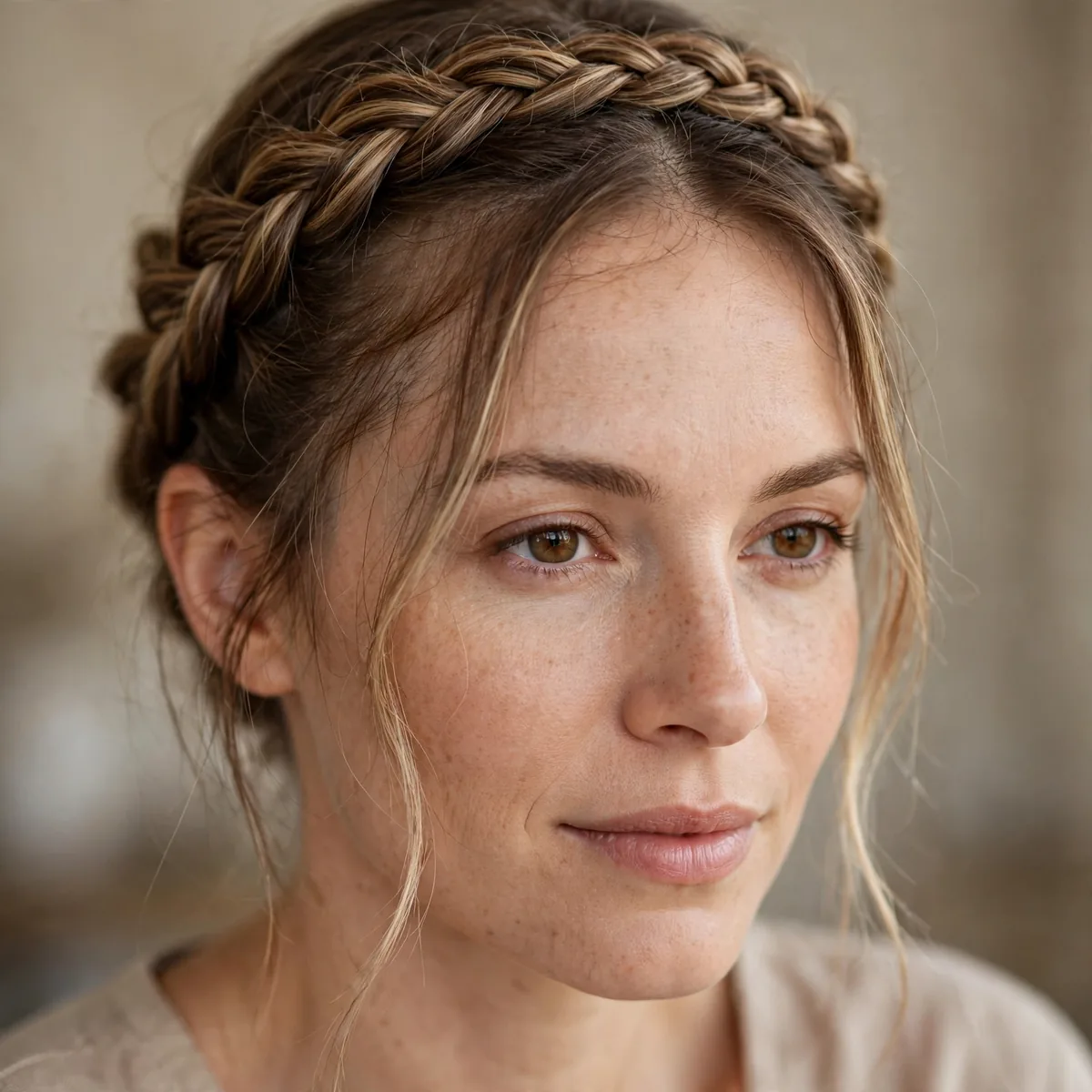 Braided crown hairstyle with loose front pieces covering thinning temples