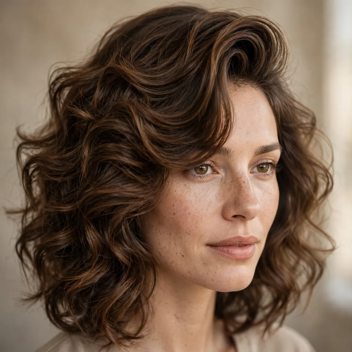 Voluminous wavy lob with a deep side sweep covering a receding hairline