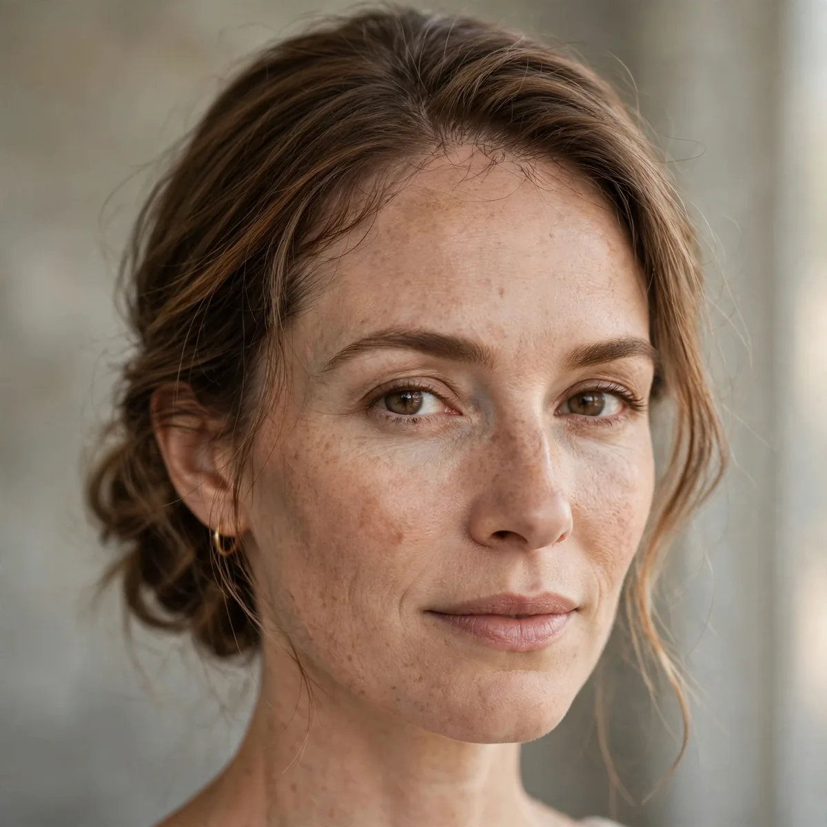 Soft low chignon updo with wispy pieces framing a receding hairline