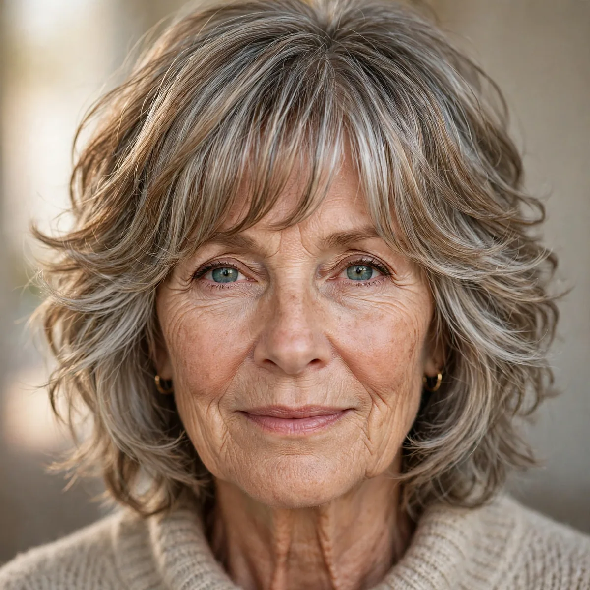 Bottleneck bangs with a layered shag haircut for an older woman