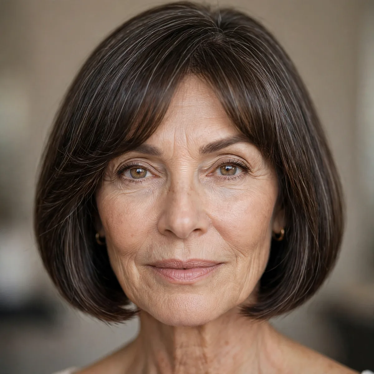 Arched bangs skimming the brows paired with a sleek bob for older women