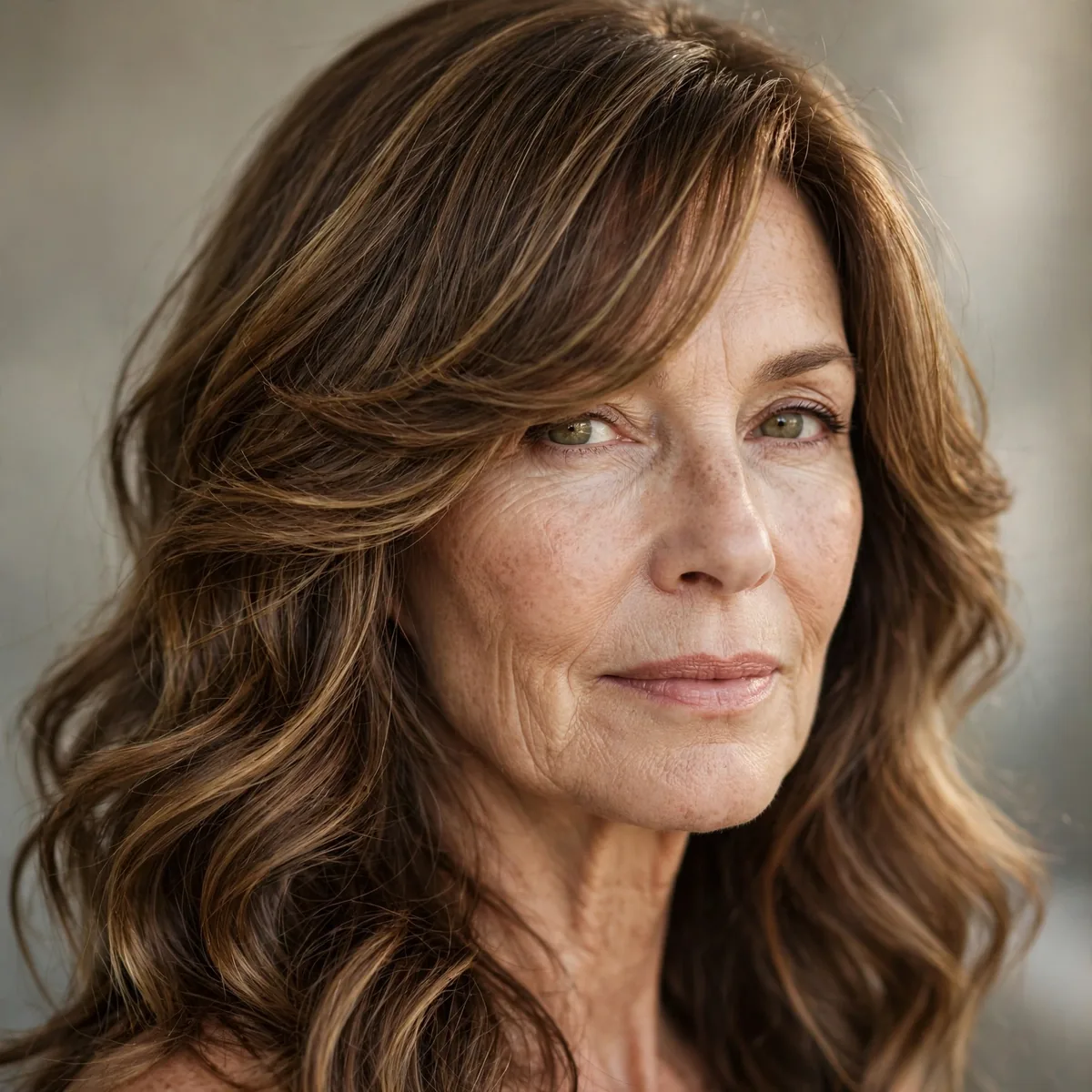 Long side swept fringe with loose waves on mature long hair