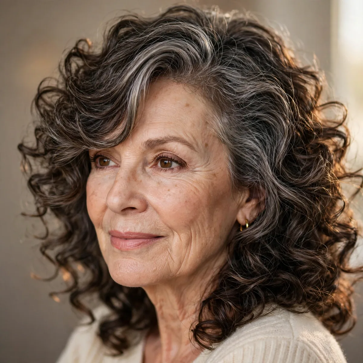 Side swept bangs with voluminous curls for older women with curly hair