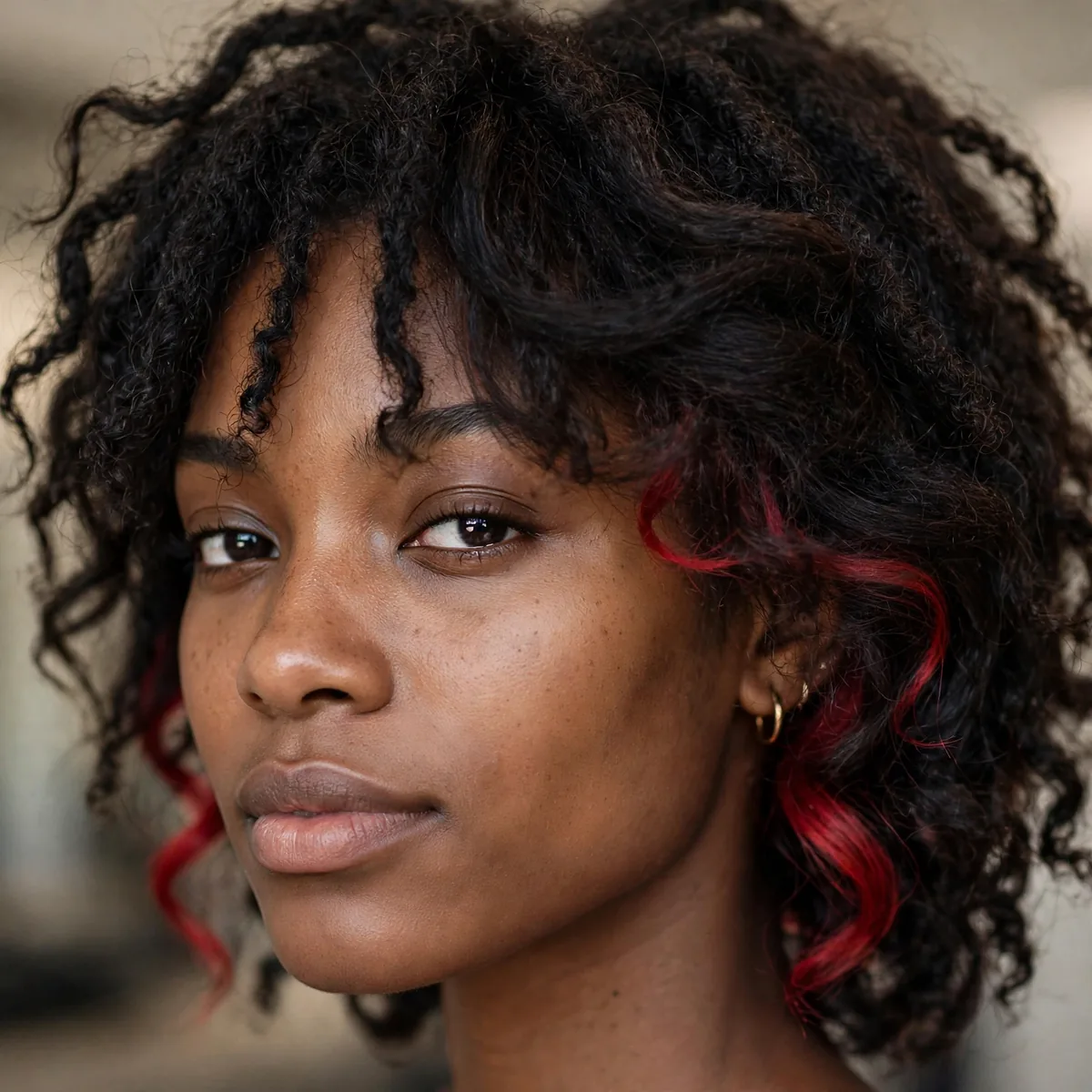 Cherry red peekaboo highlights hidden beneath dark hair on a Black girl