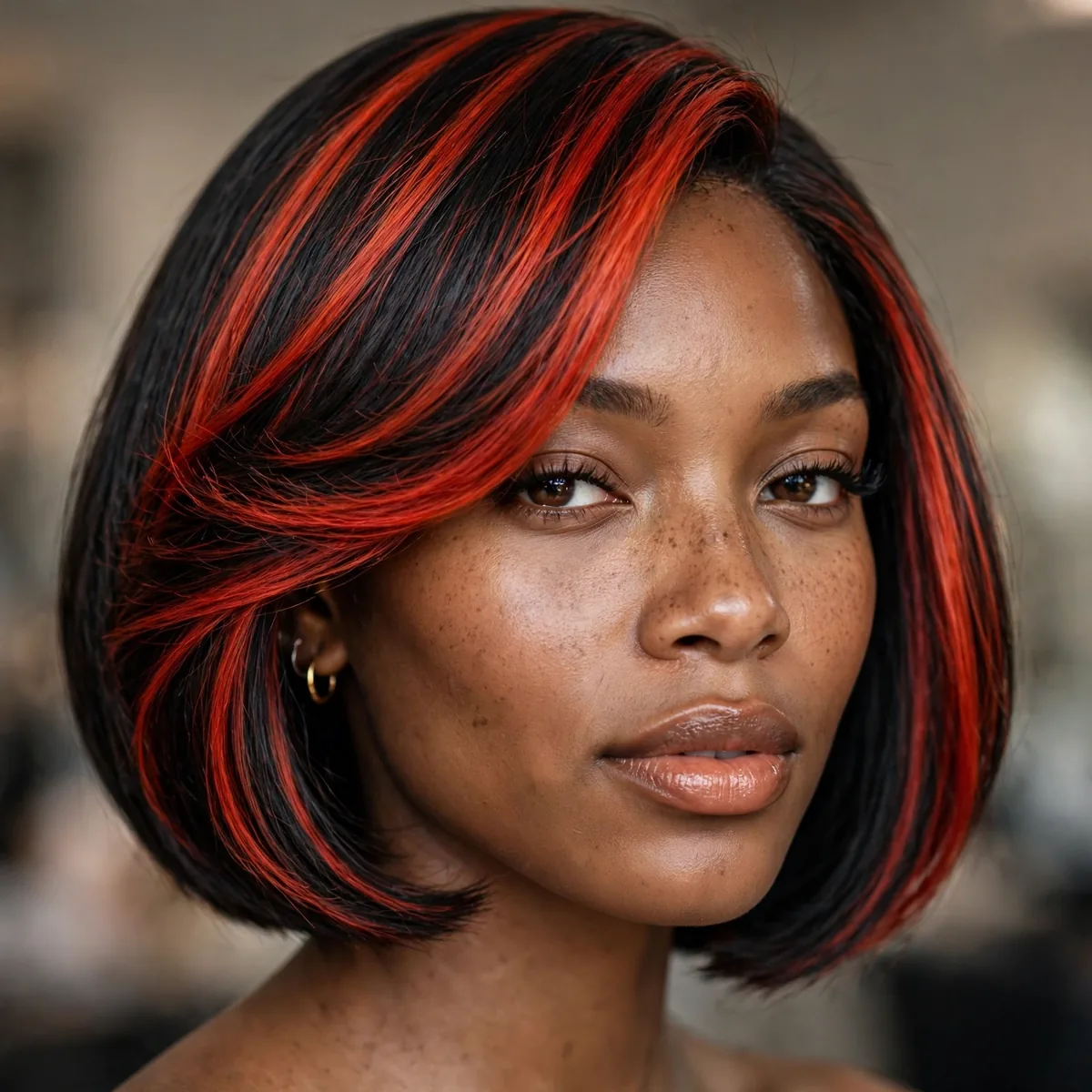 Sleek bob haircut with fiery red streaks on a Black girl
