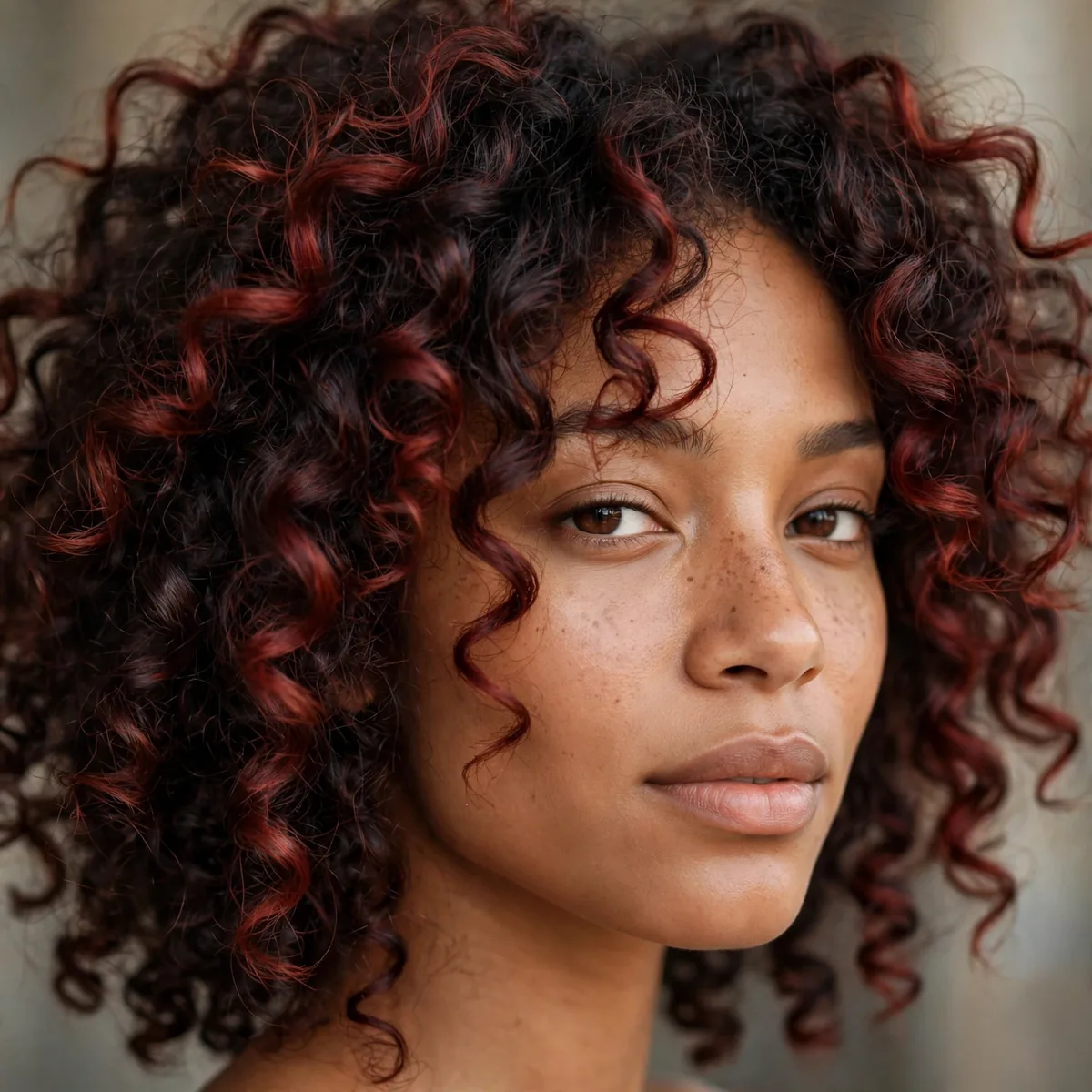 Natural curly hair with mahogany red highlights adding dimension