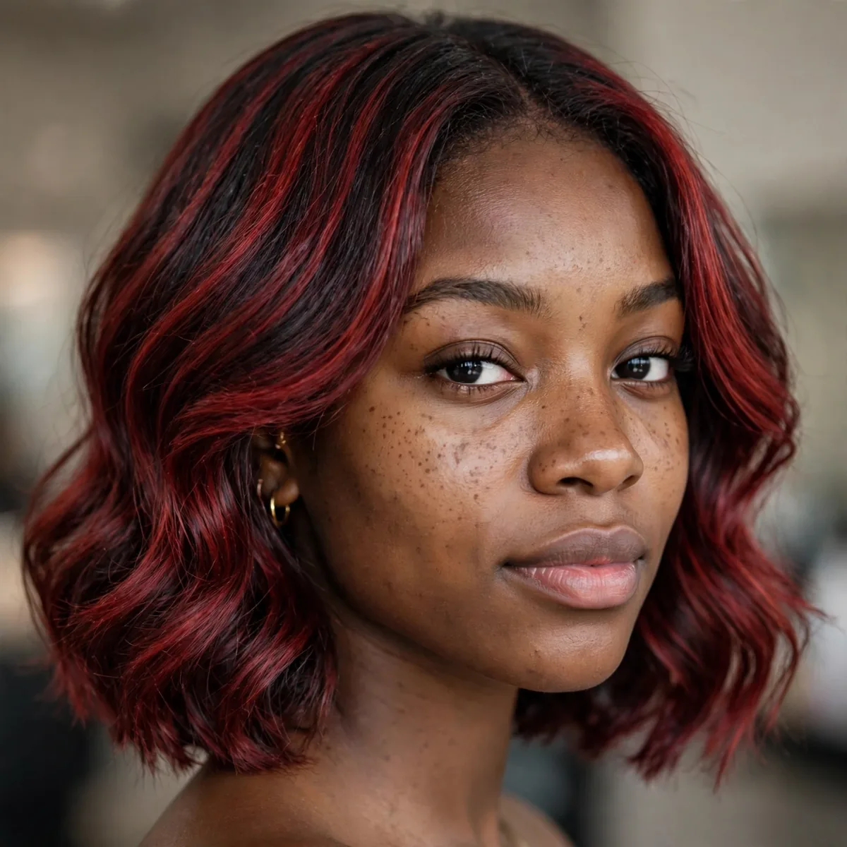 Shoulder length lob with garnet red balayage on a Black girl