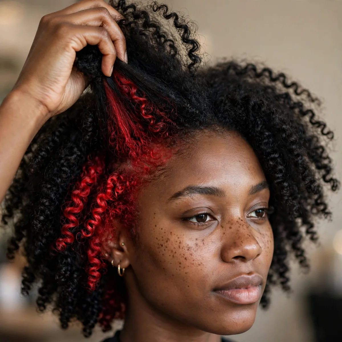 Hidden red underlayer color revealed when hair is lifted on a Black girl