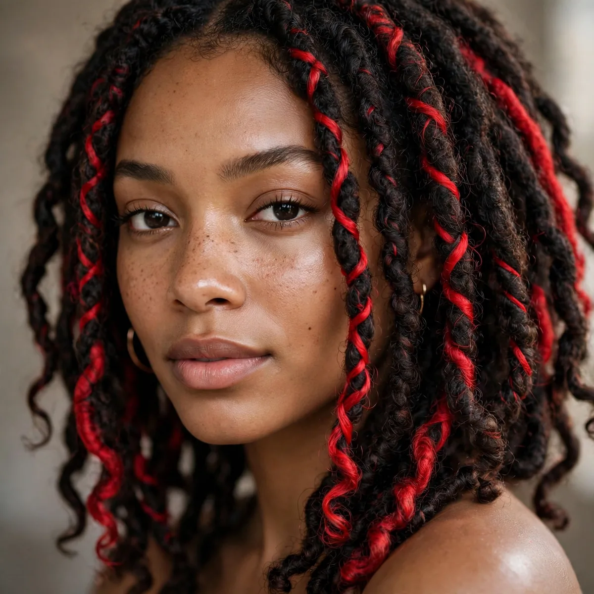 Faux locs hairstyle with scarlet red highlights woven throughout