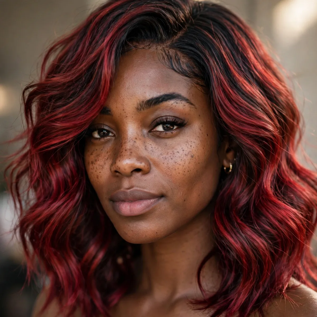 Wavy wig with red velvet balayage color worn by a Black girl