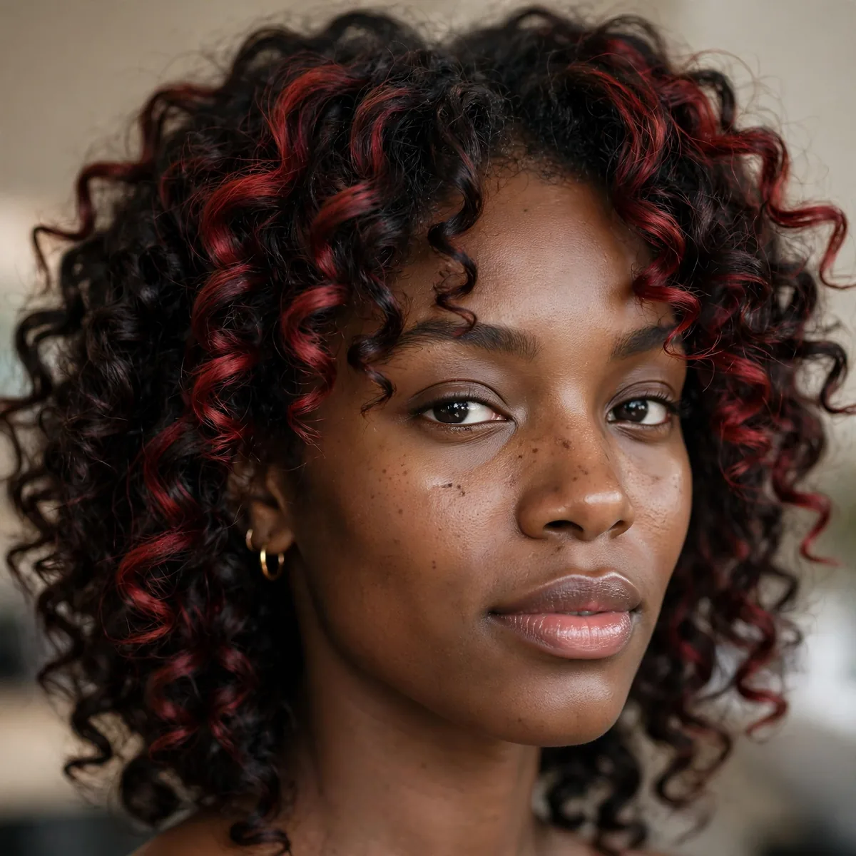 Cherry cola red highlights on dark hair of a Black girl with curls