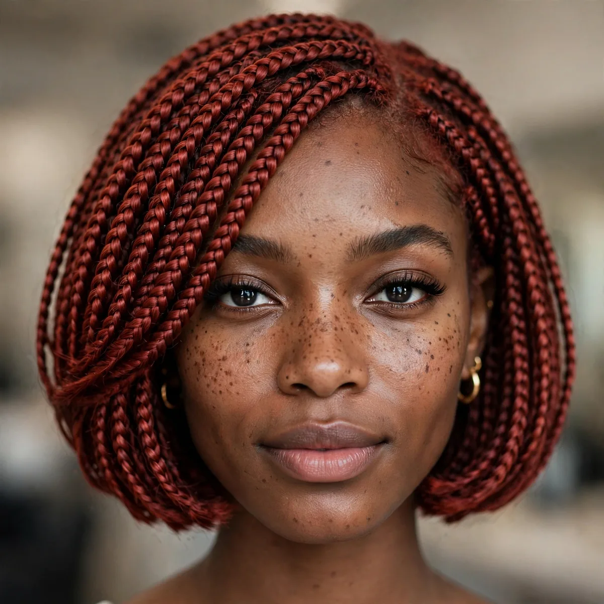 Braided bob hairstyle with rosewood red color on a Black girl