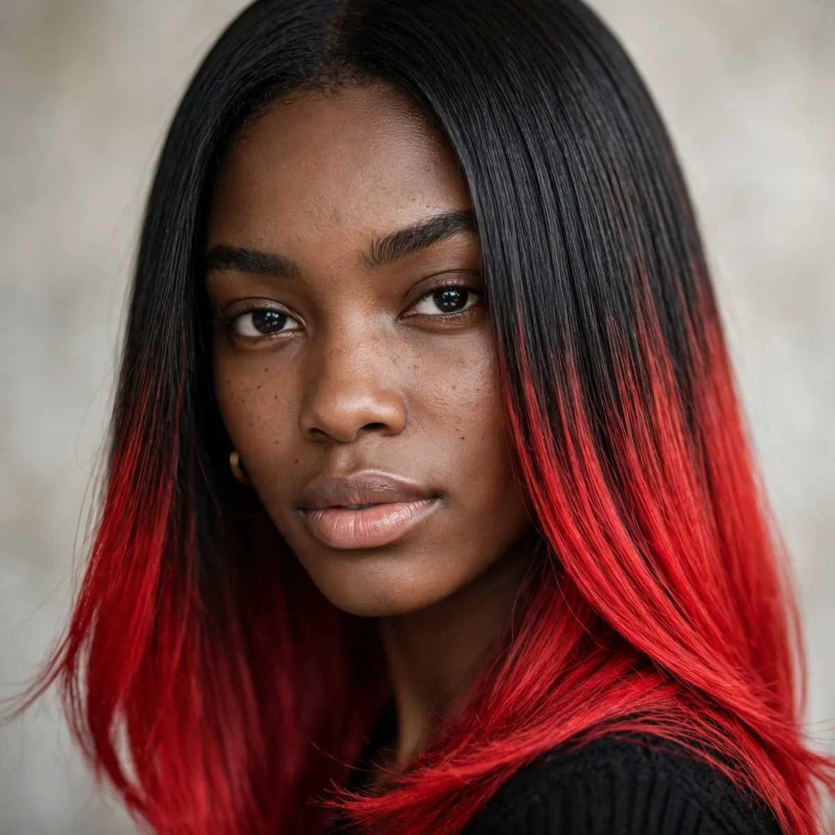 Straight sleek hair with fire engine red dyed ends on a Black girl