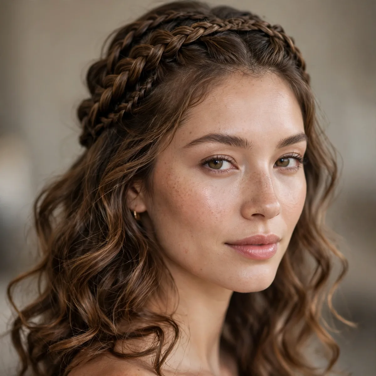 Braided crown half-up style with flowing curls