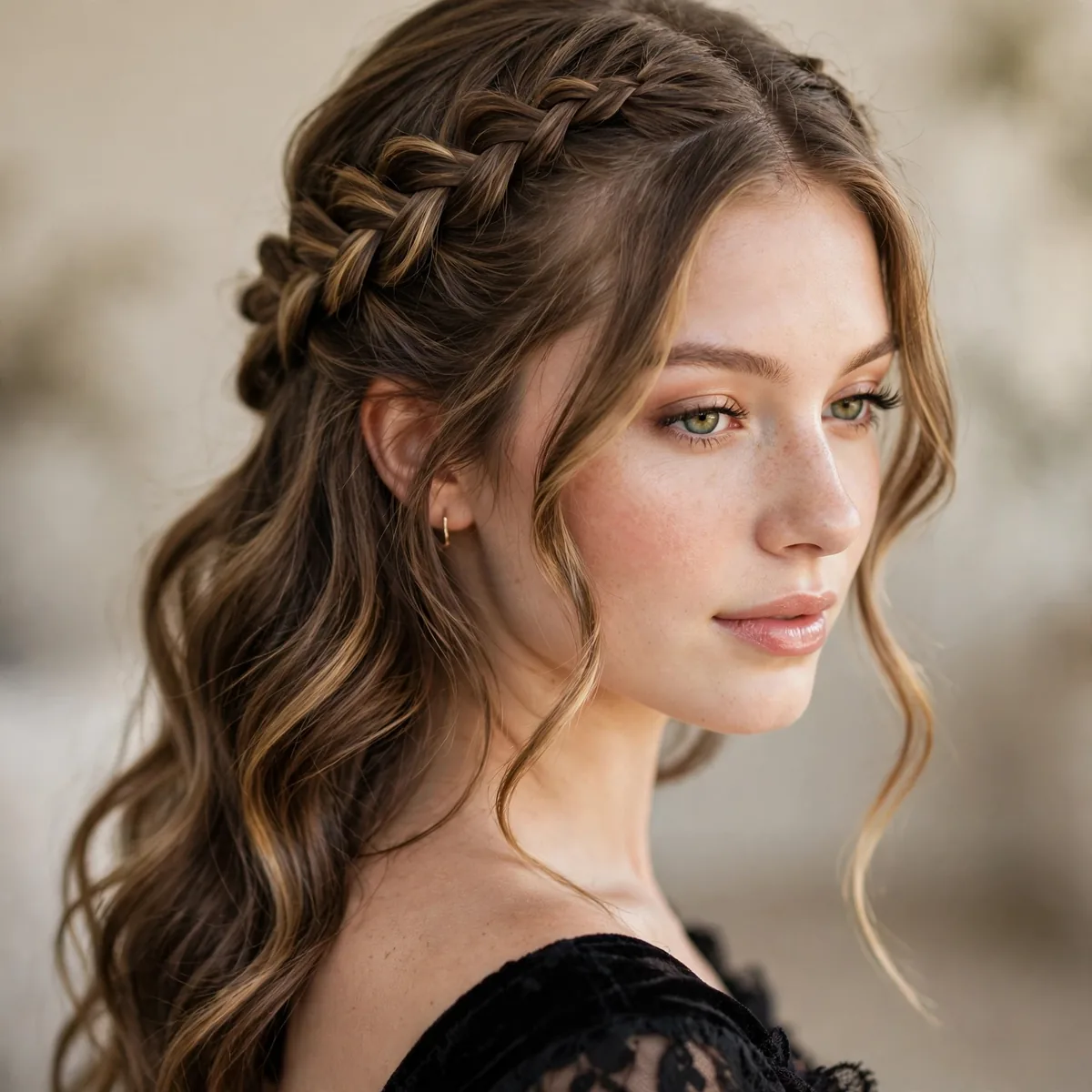 Waterfall braid in a half-up prom style