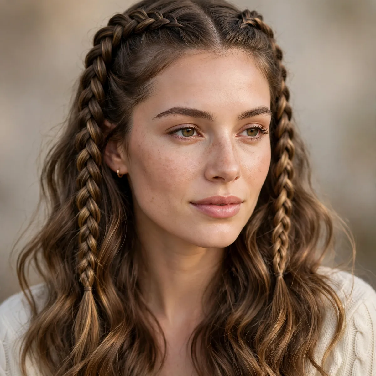 Double Dutch braids flowing into loose waves