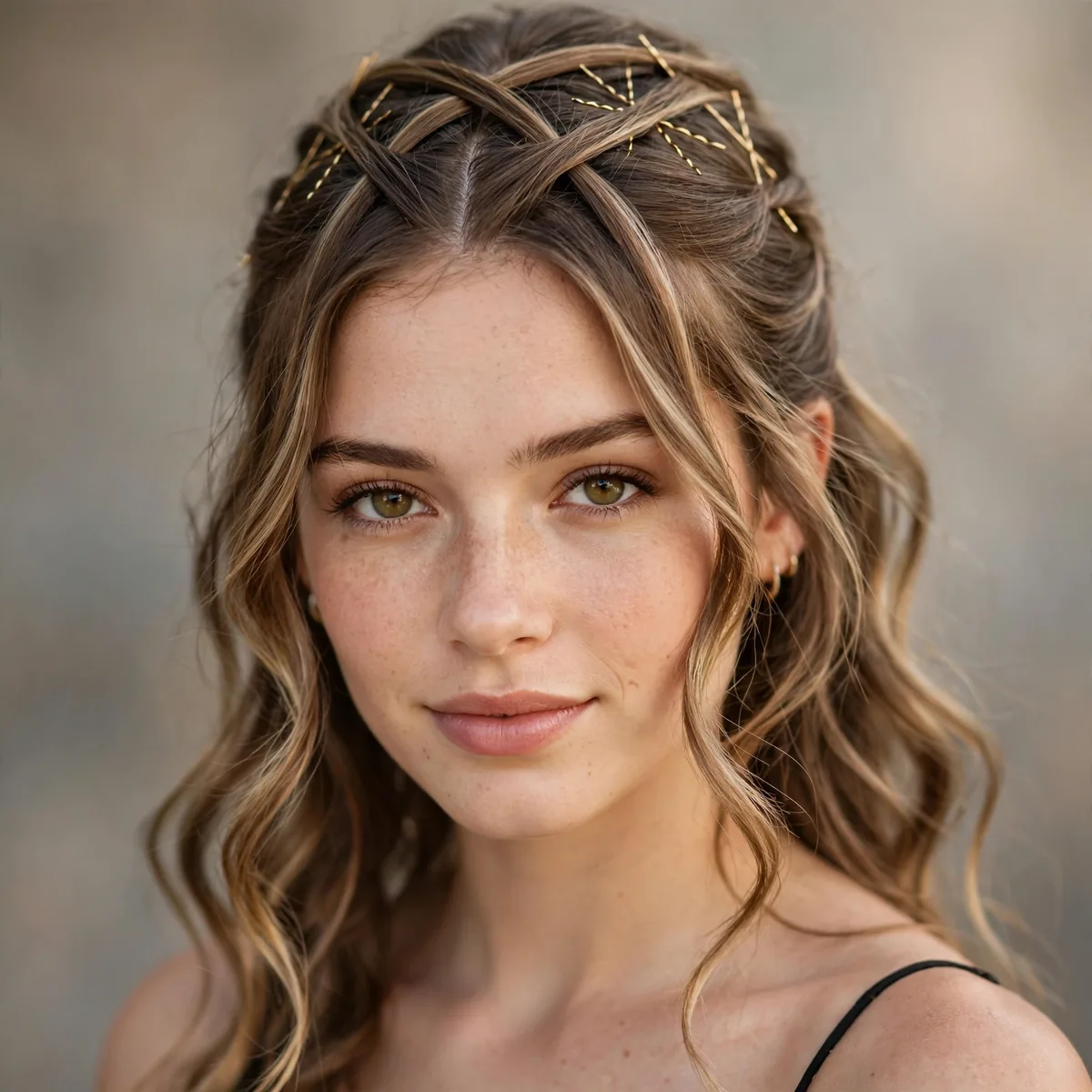 Crisscross pinned half-up prom style