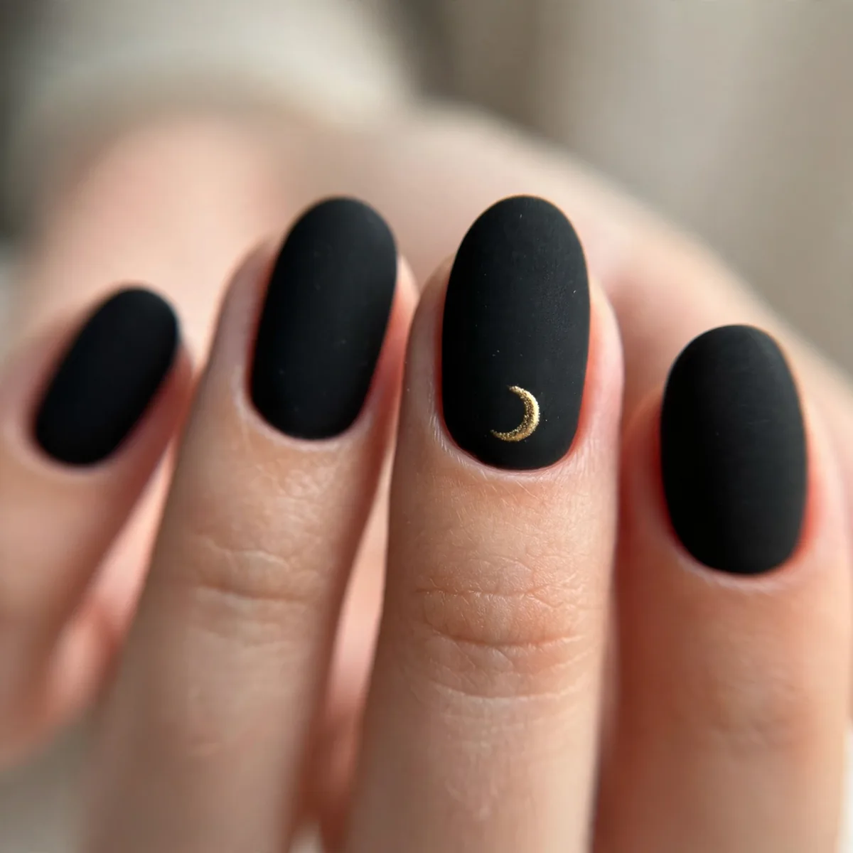 Matte black nails with moon accent
