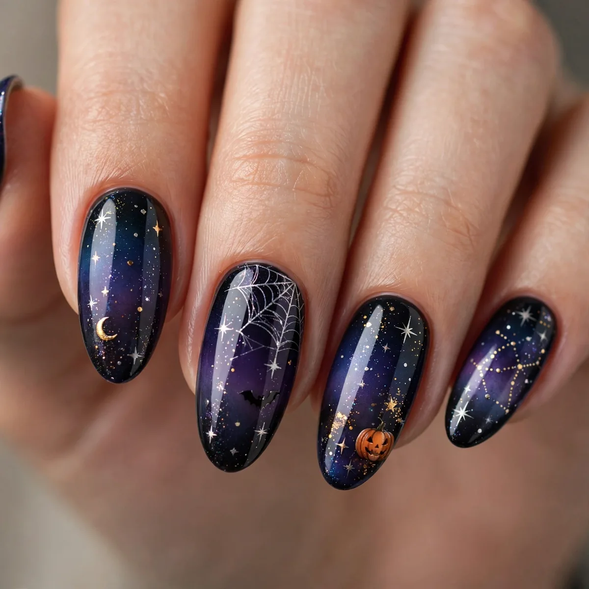 Night sky ombre halloween nails