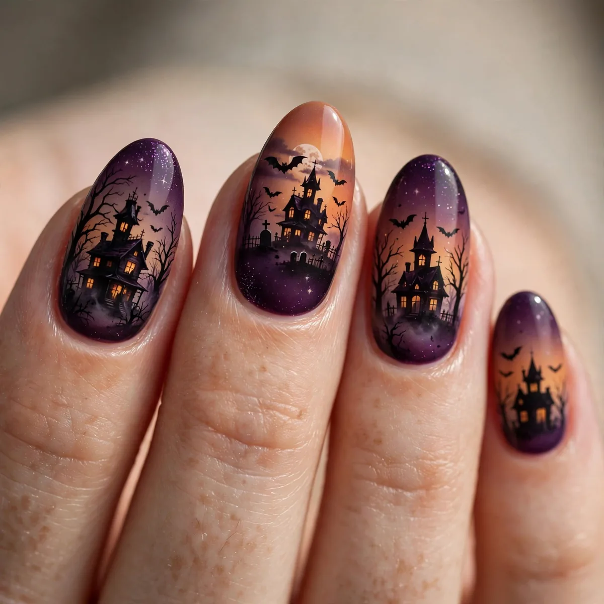 Haunted house gradient nail art