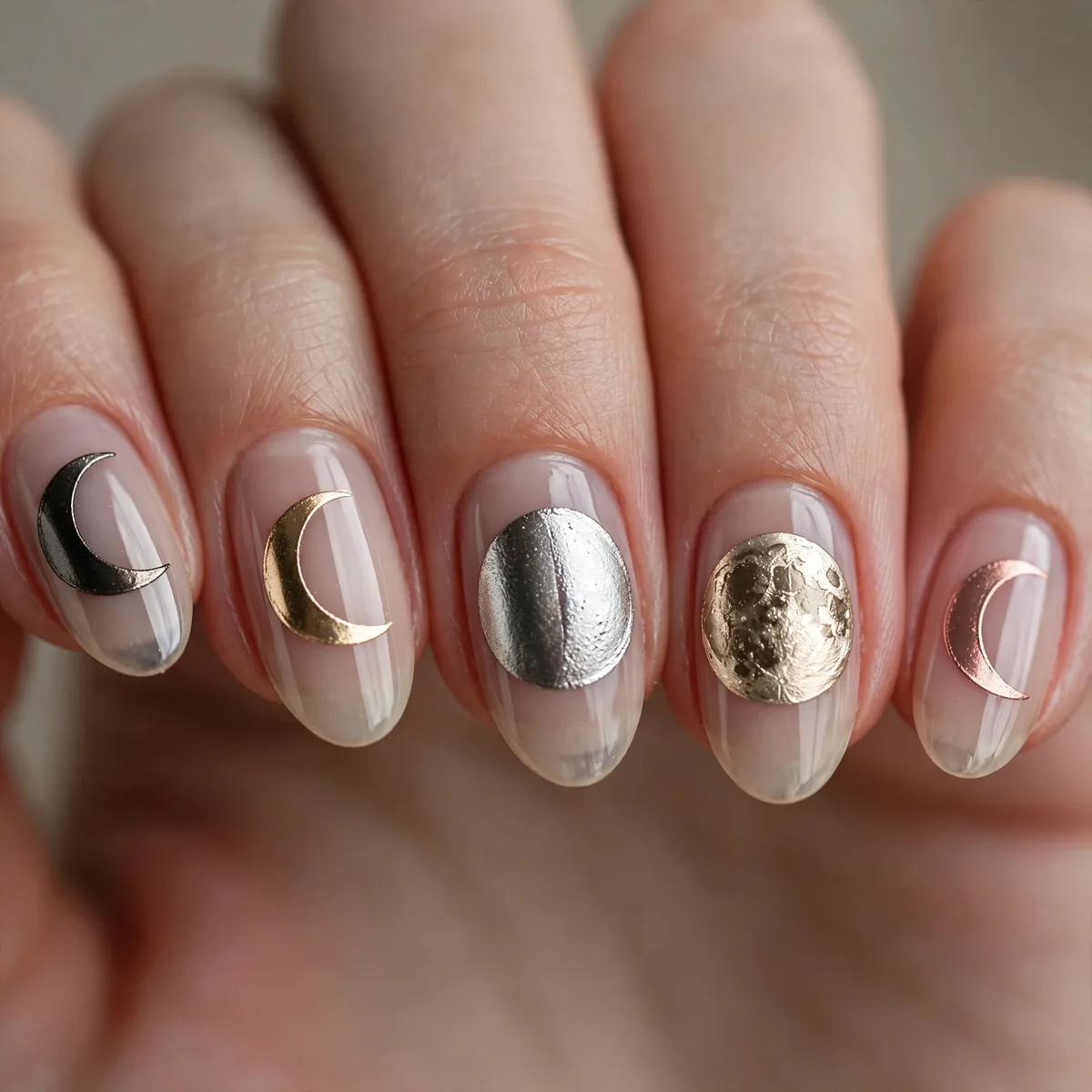 Moon phase metallic nail art